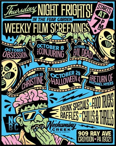 Thursday Night Frights schedule, weekly film screenings in the Fear Garden at 7PM: October 1 Obsession, October 8 The Conjuring, October 15 Evil Dead (2013), October 22 Christine, October 29 Halloween 4.