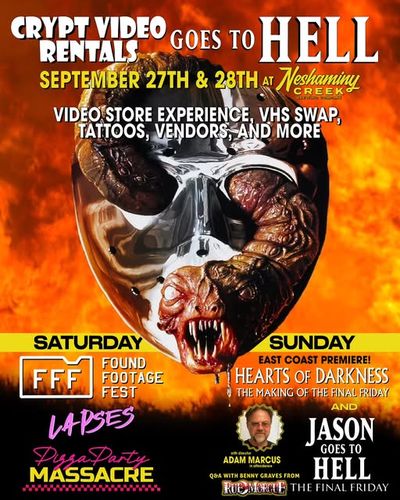 Crypt Video Rentals Goes to Hell flyer, September 27th and 28th at Neshaminy Creek: video store experience, VHS swap, tattoos, vendors.