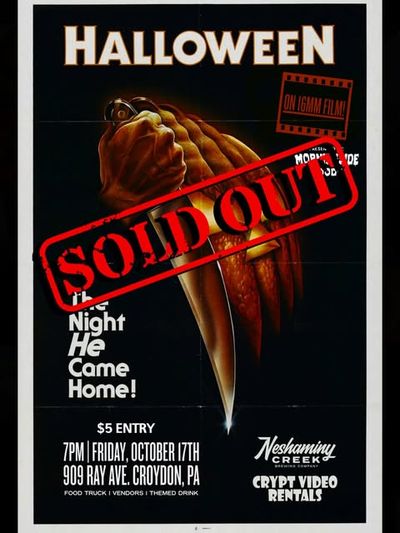 Halloween poster flyer stamped SOLD OUT: on 16mm film, $5 entry, 7pm, Friday October 17th, 909 Ray Ave, Croydon, PA.