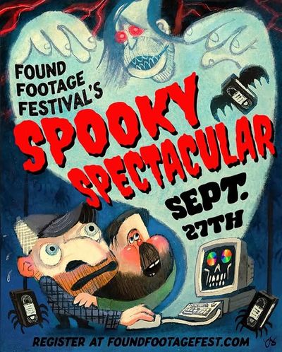 Found Footage Festival's Spooky Spectacular poster, Sept. 27th, with a ghost holding a VHS tape.